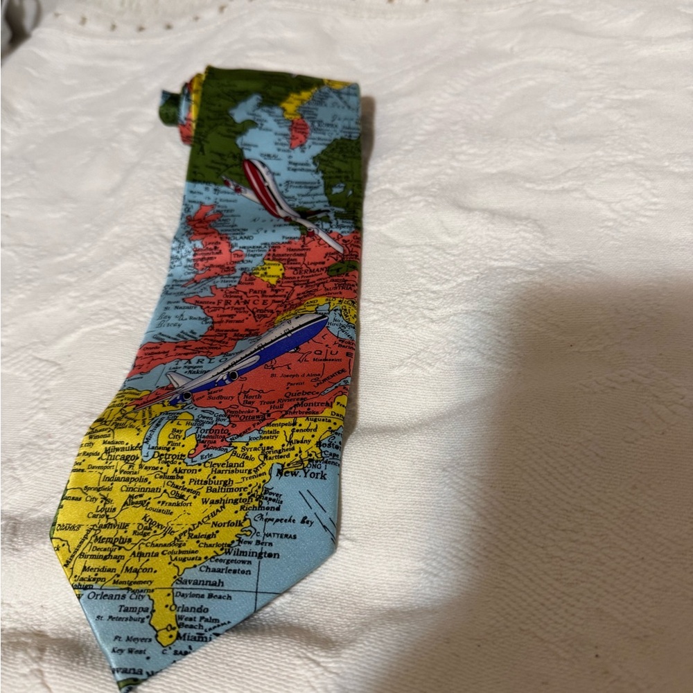 Giorgio Armani 1990s Colorful Map Print Tie Silk Hand Made Italy (tag missing )
